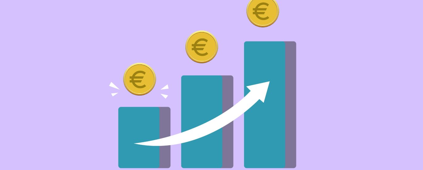 Vector illustration of income growth chart with arrow and euro coins against purple background