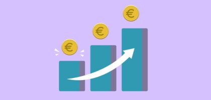 Vector illustration of income growth chart with arrow and euro coins against purple background