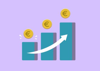 Vector illustration of income growth chart with arrow and euro coins against purple background